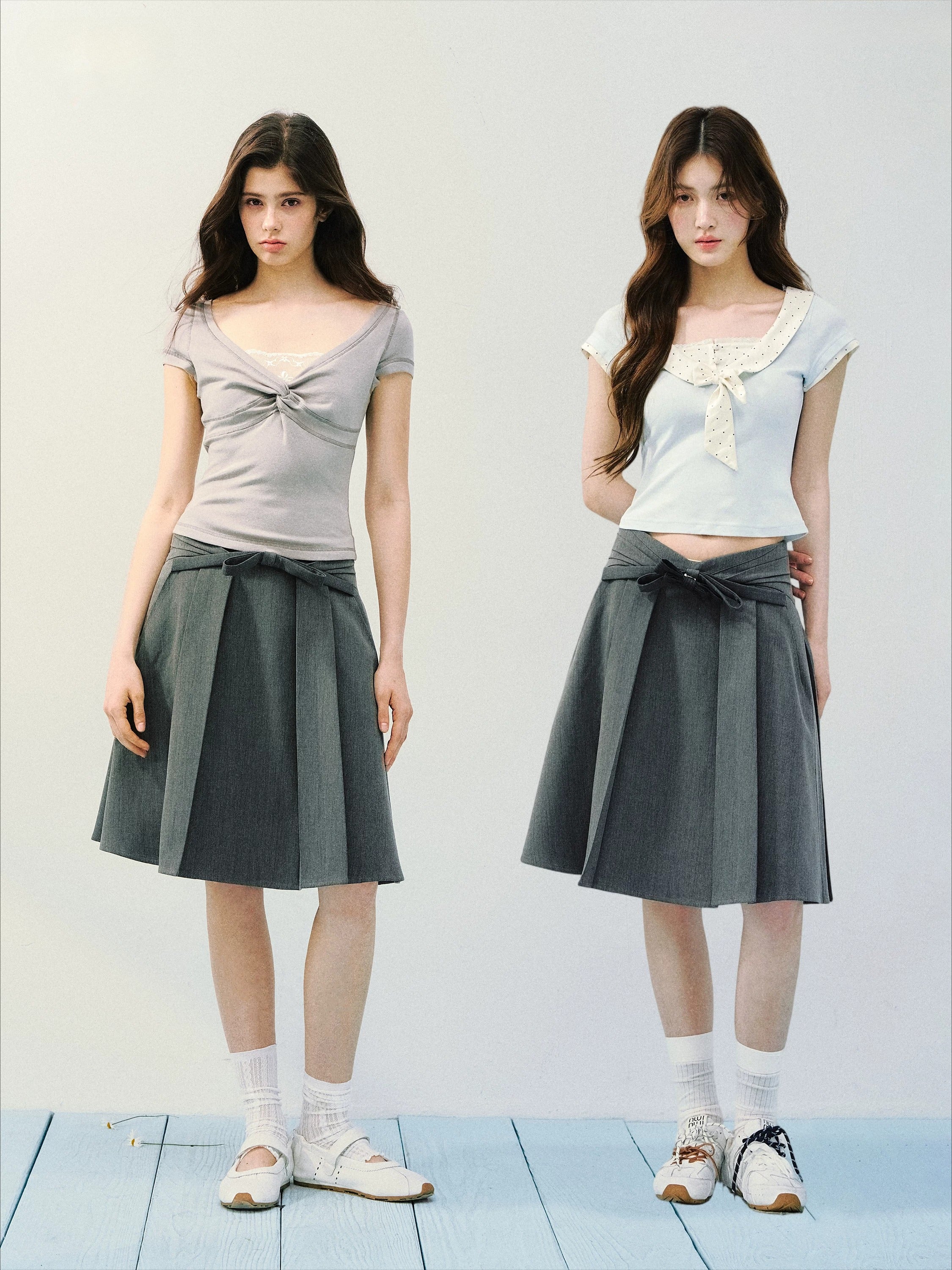Gray Asym Pleat Midi Skirt