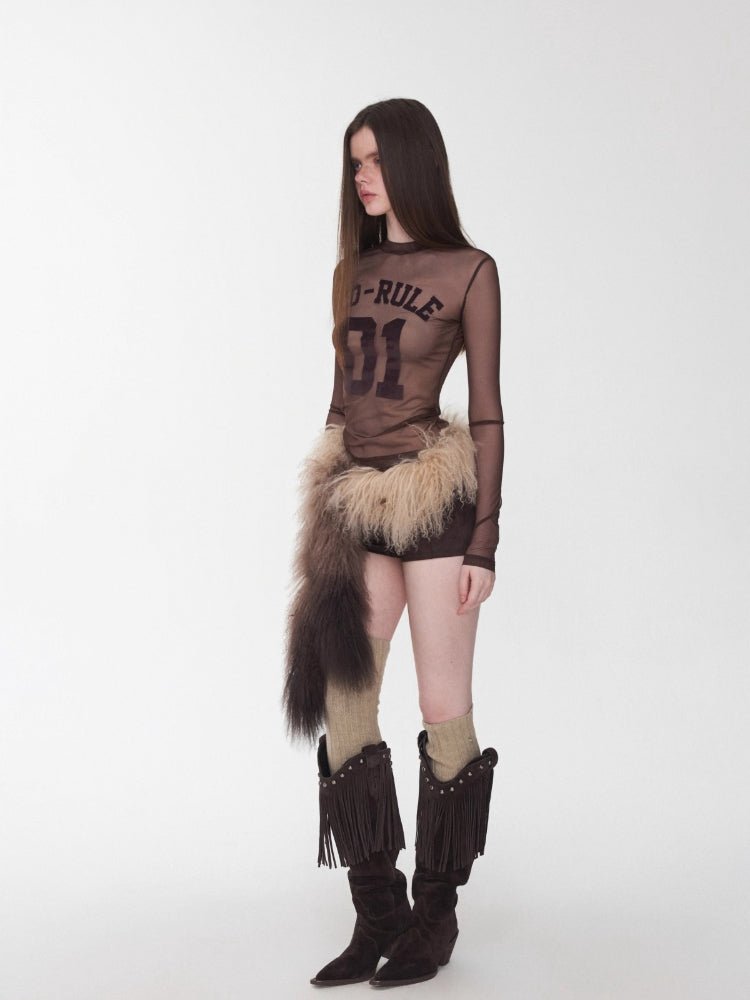 Flocked Mesh Sporty Turtleneck Top