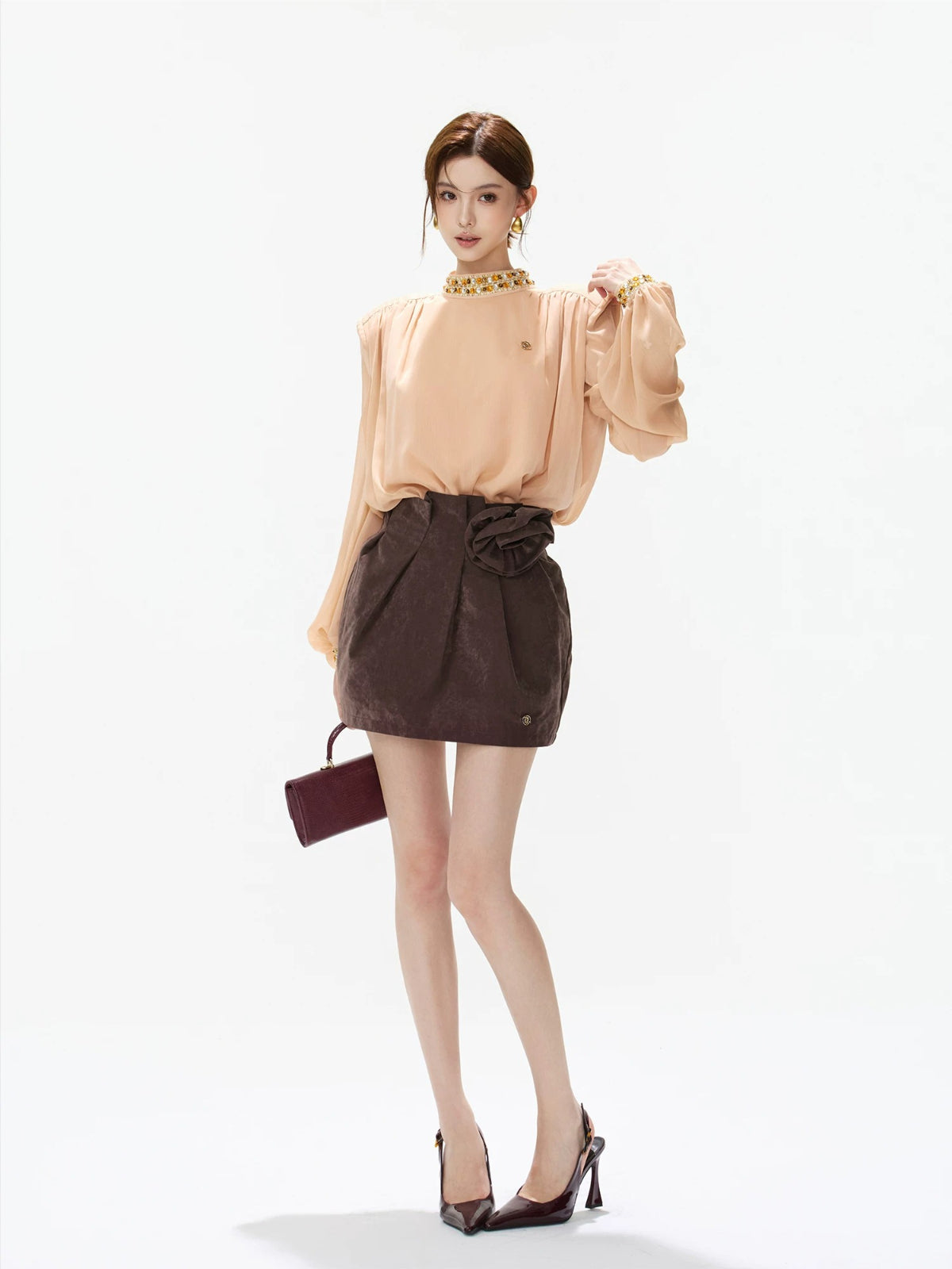 Pearl Chiffon Lantern Sleeve Blouse