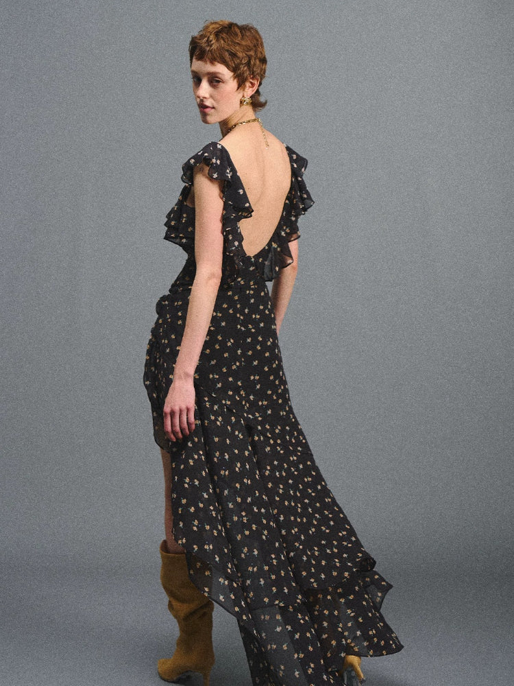 Black Floral Ruffle Maxi Dress