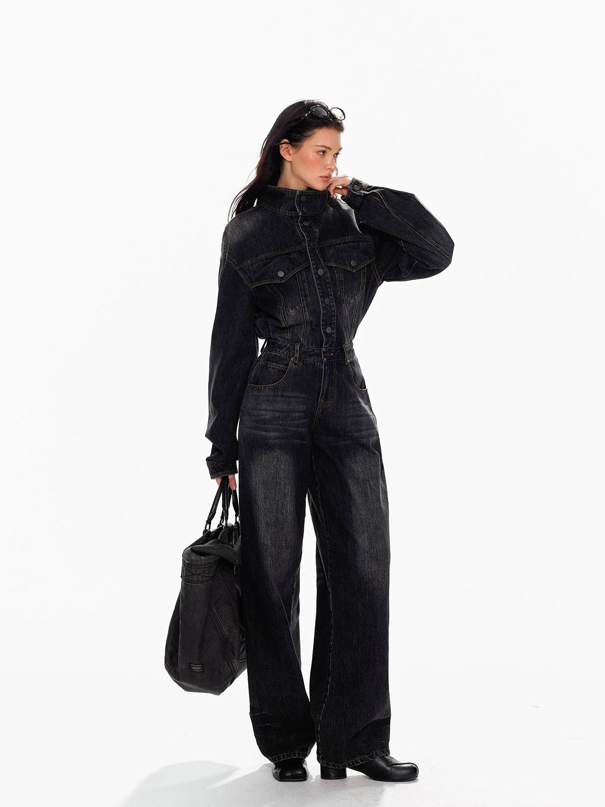 Vintage Washed Denim Wide Leg Jumpsuit
