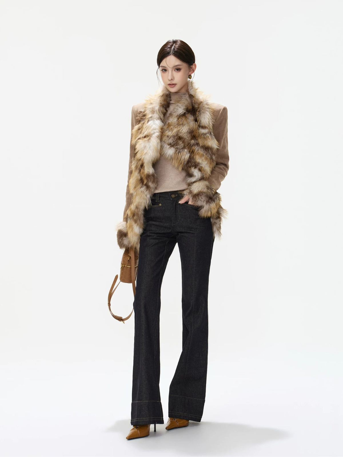 Gradient Fur Collar Suede Cropped Coat