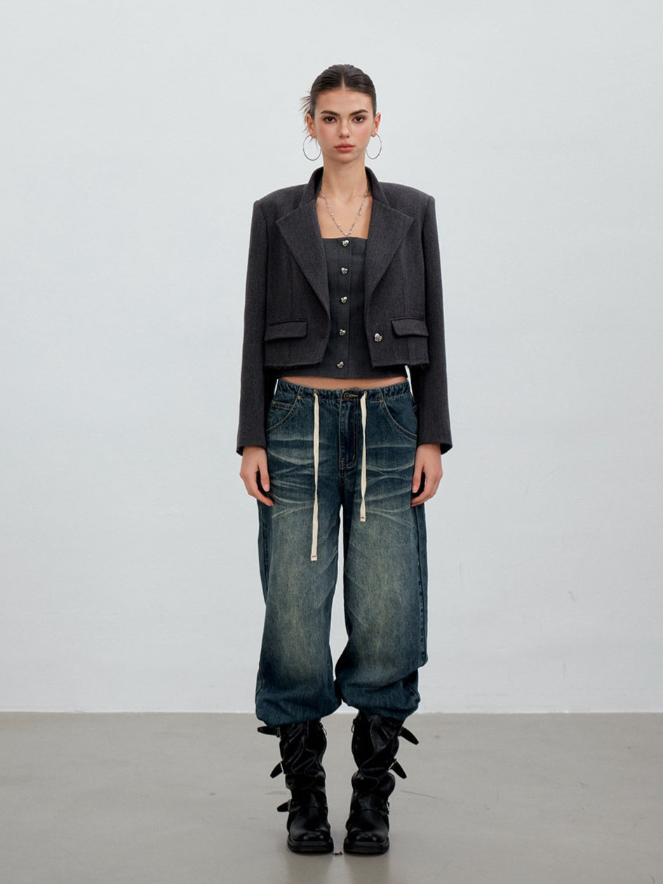 Gray Cropped Suit Set