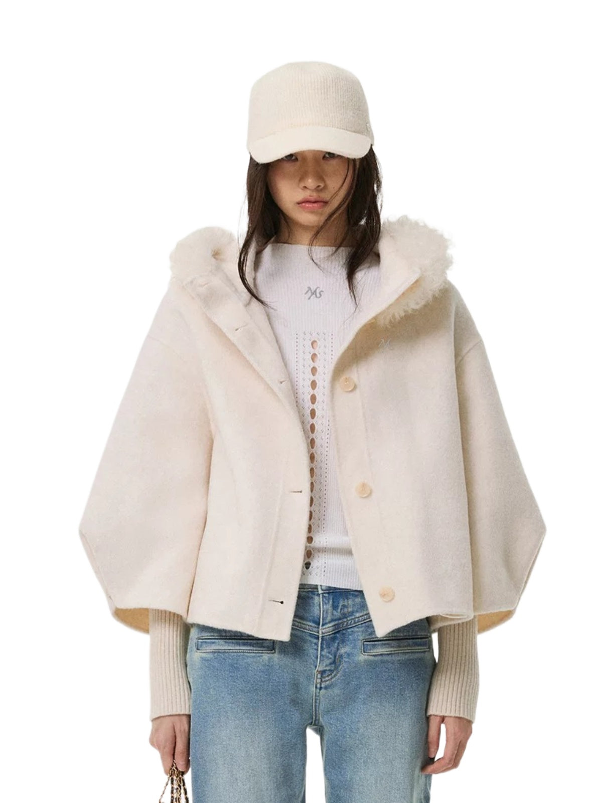 Shearling Collar Wool Cashmere Cape Coat