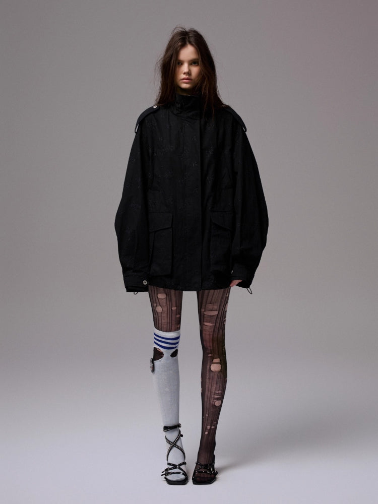 Heavy Embroidery Jacquard Multi-pocket Stand Collar Utility Jacket