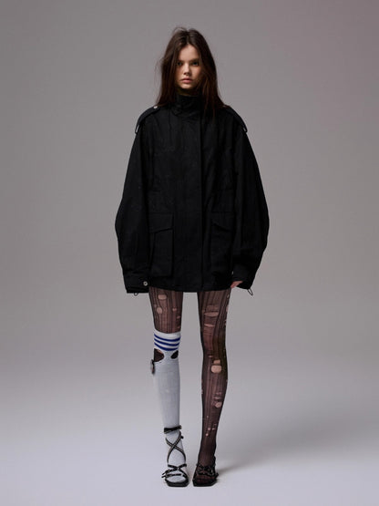 Heavy Embroidery Jacquard Multi-pocket Stand Collar Utility Jacket