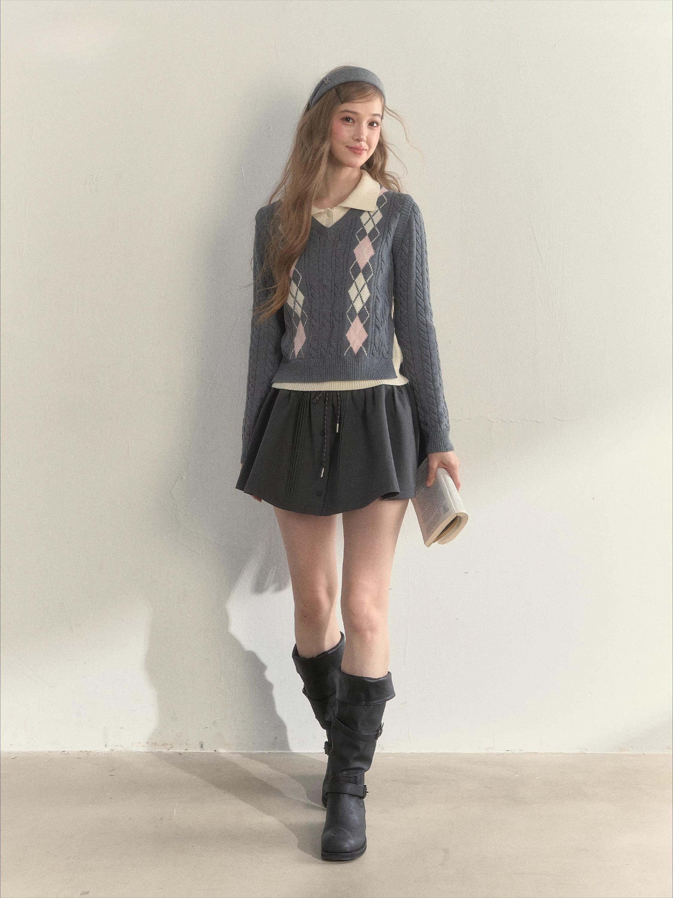 Argyle Cable Faux Two-Piece Sweater