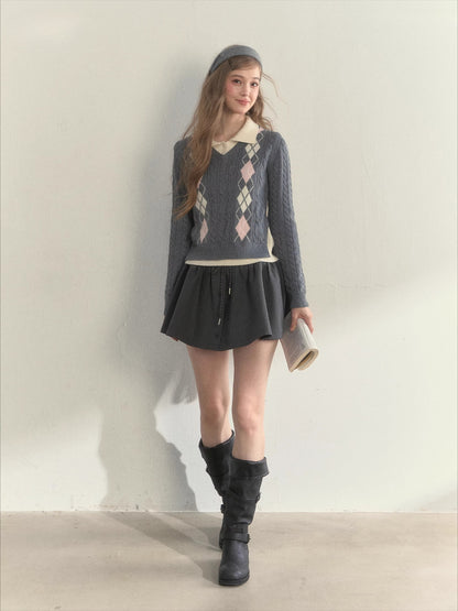 Argyle Cable Faux Two-Piece Sweater