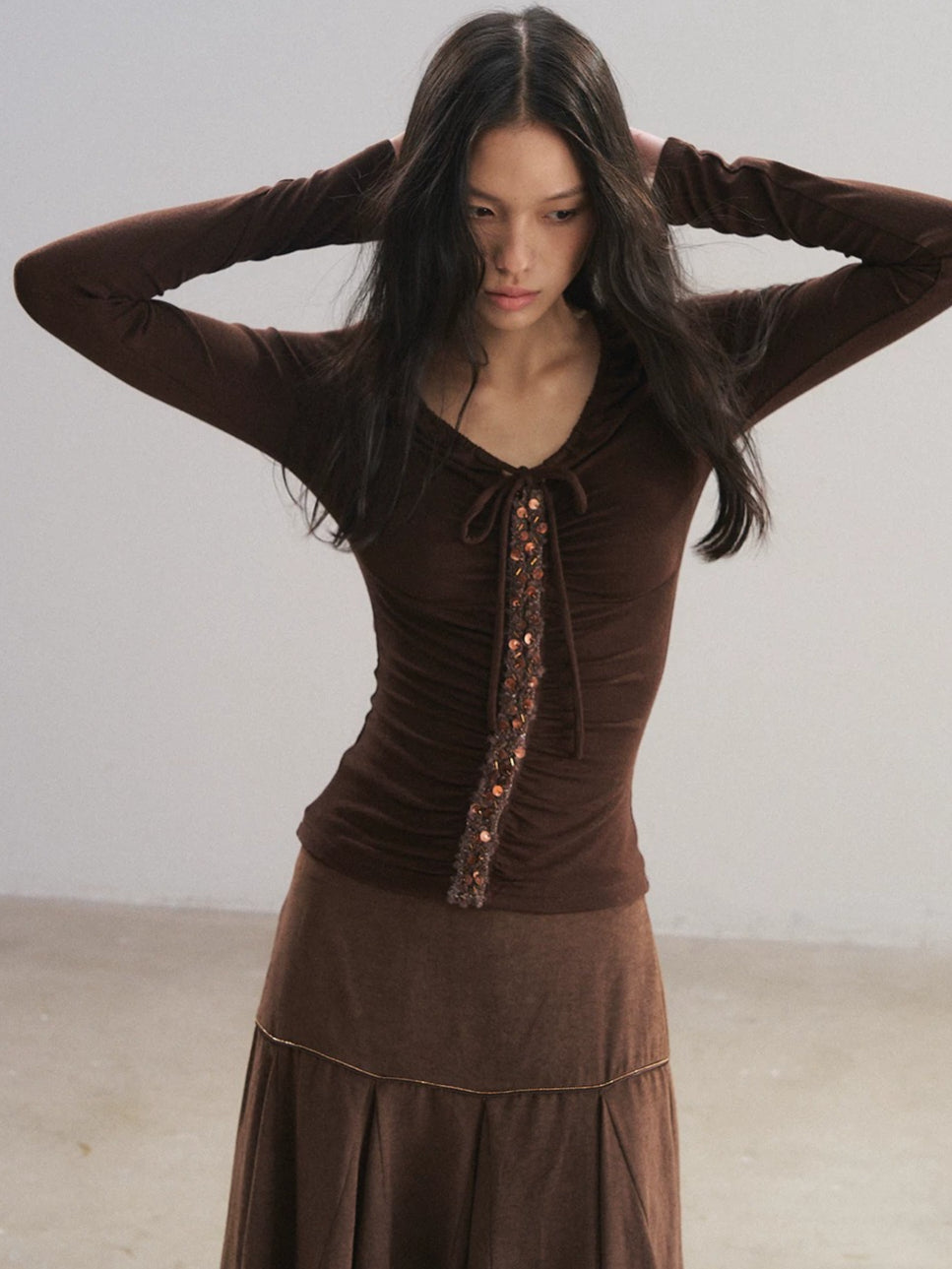 V-Neck Drawstring Sequin Top