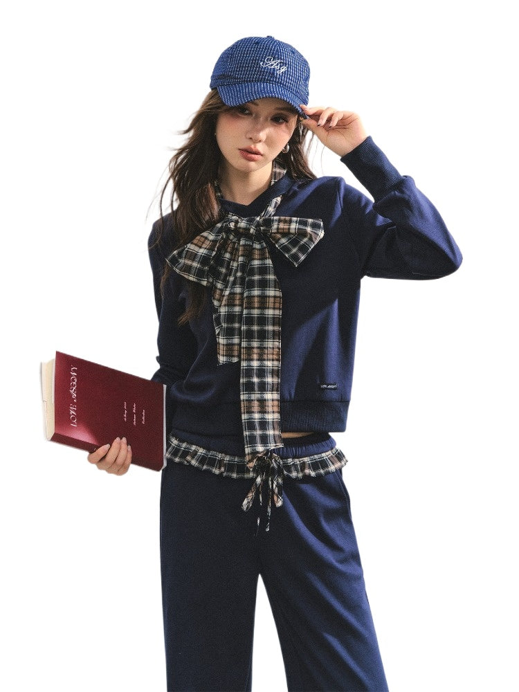 Navy Blue Plaid Bow-Tie Sweatshirt &amp; Pants Set