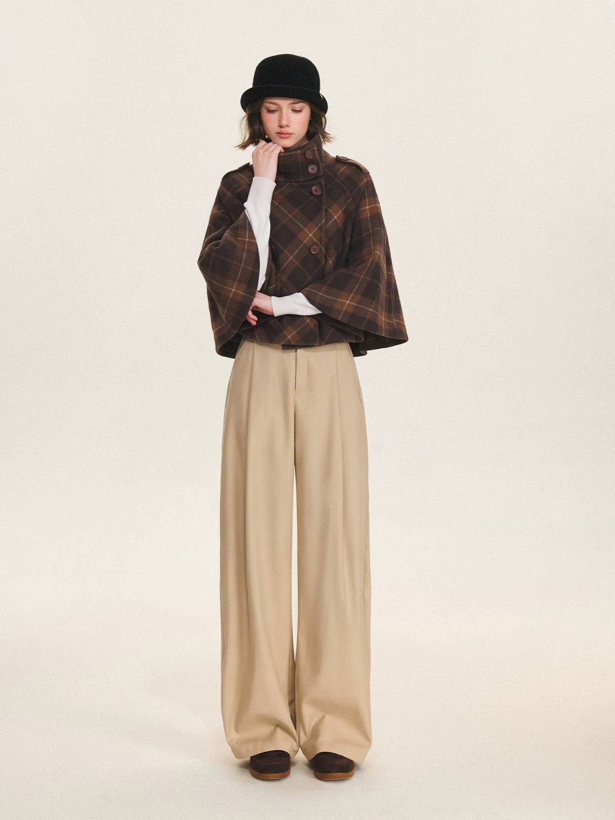 Checked Wool Blend Cape Coat