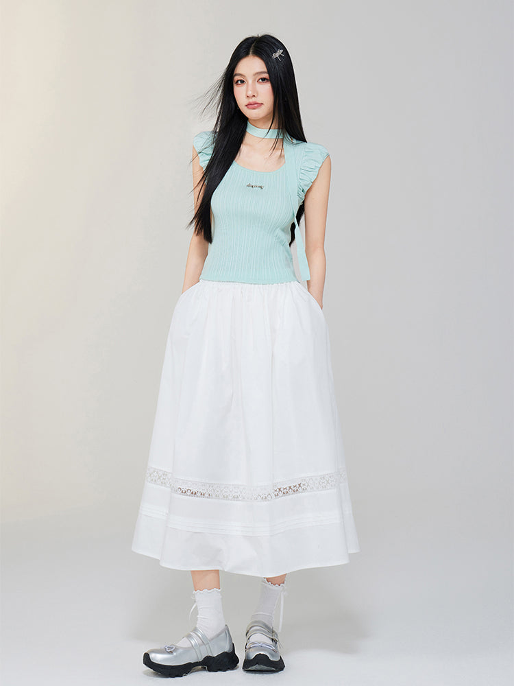 White Lace Splicing A-Line Skirt