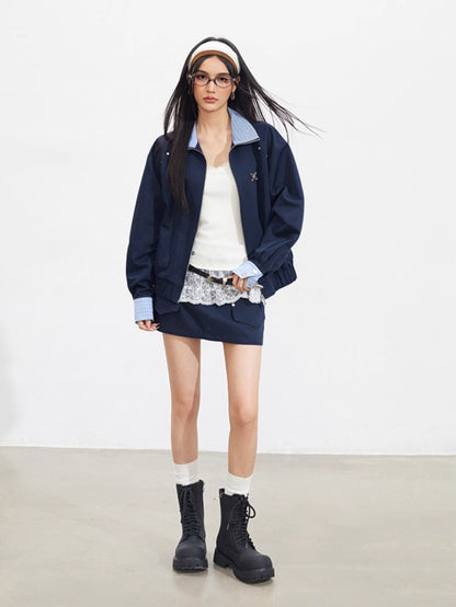 Navy Blue Plaid Patchwork Jacket