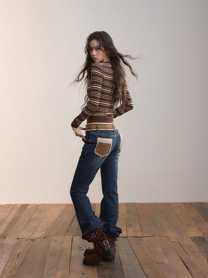 Color-Blocked Faux Fur Waist Slim Flare Jeans