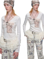 Cat Print Rhinestone V-Neck Top