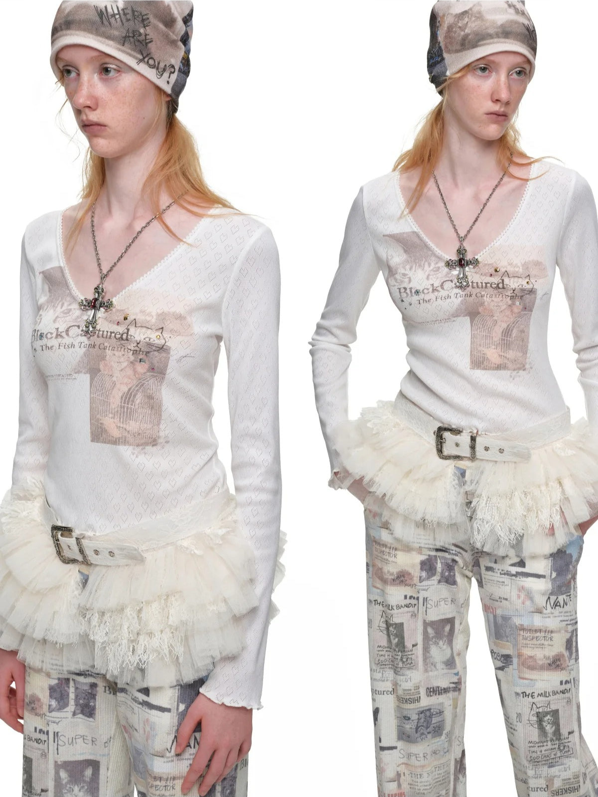 Cat Print Rhinestone V-Neck Top