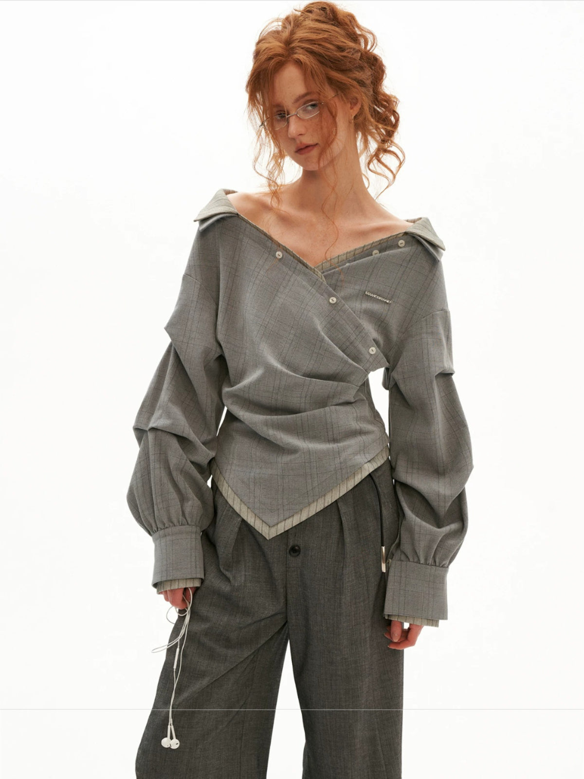 Textured Plaid Off-Shoulder Shirt