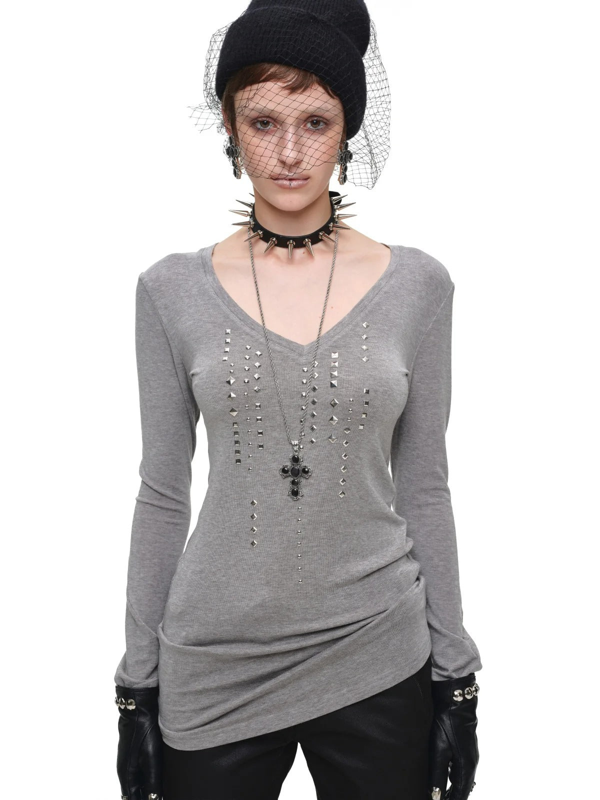Rhinestone V Neck Knit Top