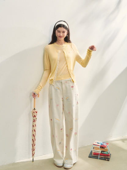 Floral Embroidered Casual Straight-leg Pants