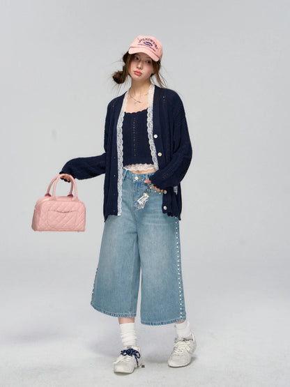 Side Seam Beaded Wide-leg Cropped Jeans