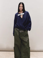 Wool V-Neck Buckle-Panel Sweater