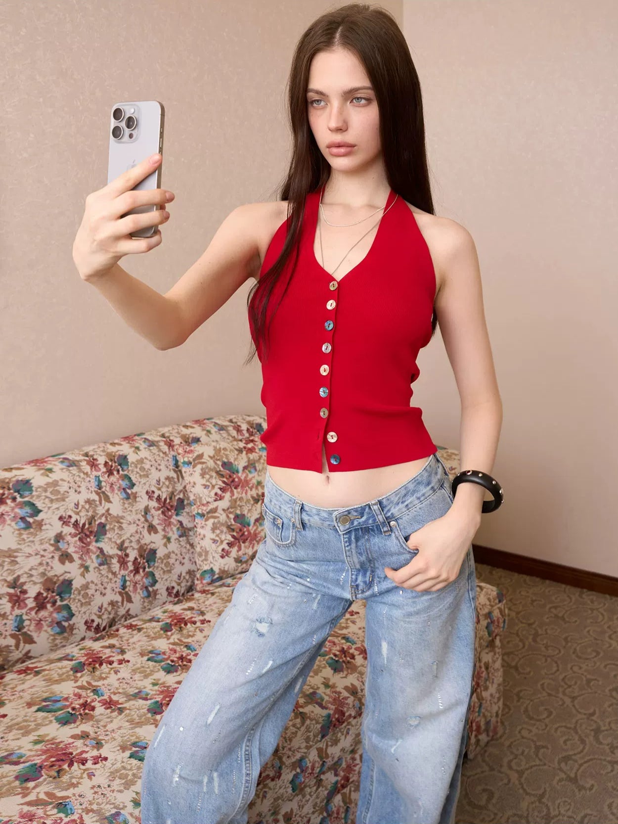 Beaded Halter Knit Top