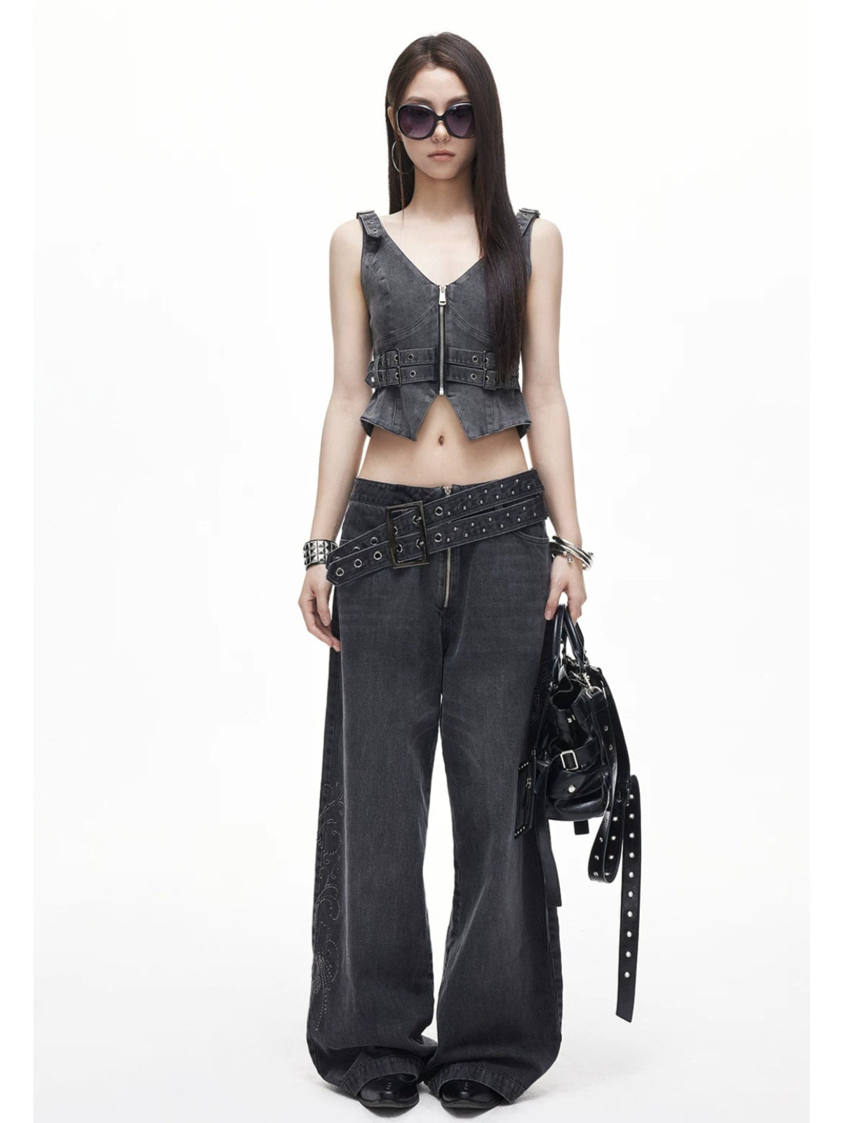 Gray Rivet Wide Leg Jeans