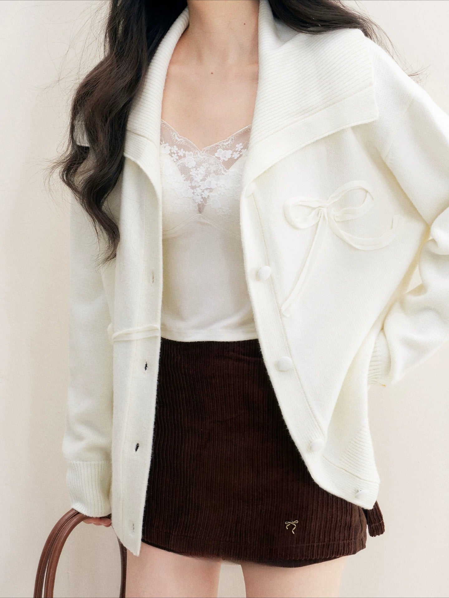 Beige Bow-Embroidered Knit Cardigan