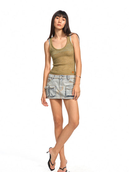 Asymmetric Low - Waist Denim Mini Skirt