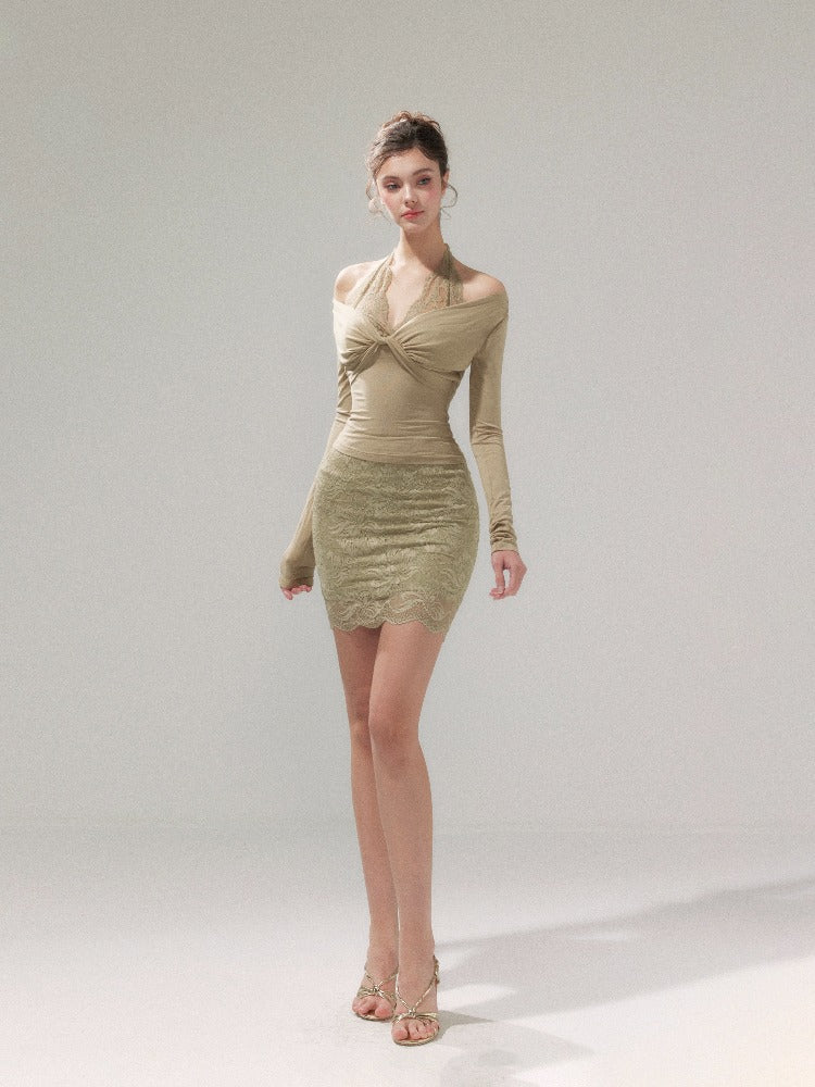 Lace Knit 2-in1 Blouse &amp; Skirt Set