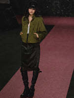 Ruched Stand Collar Faux Suede Jacket
