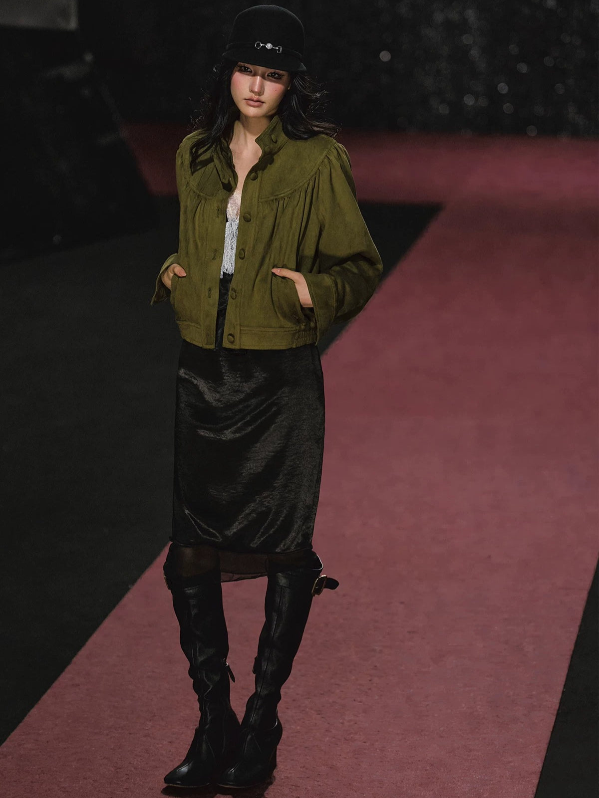 Ruched Stand Collar Faux Suede Jacket