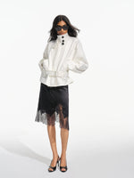 Asymmetric Lace Trim Satin Skirt