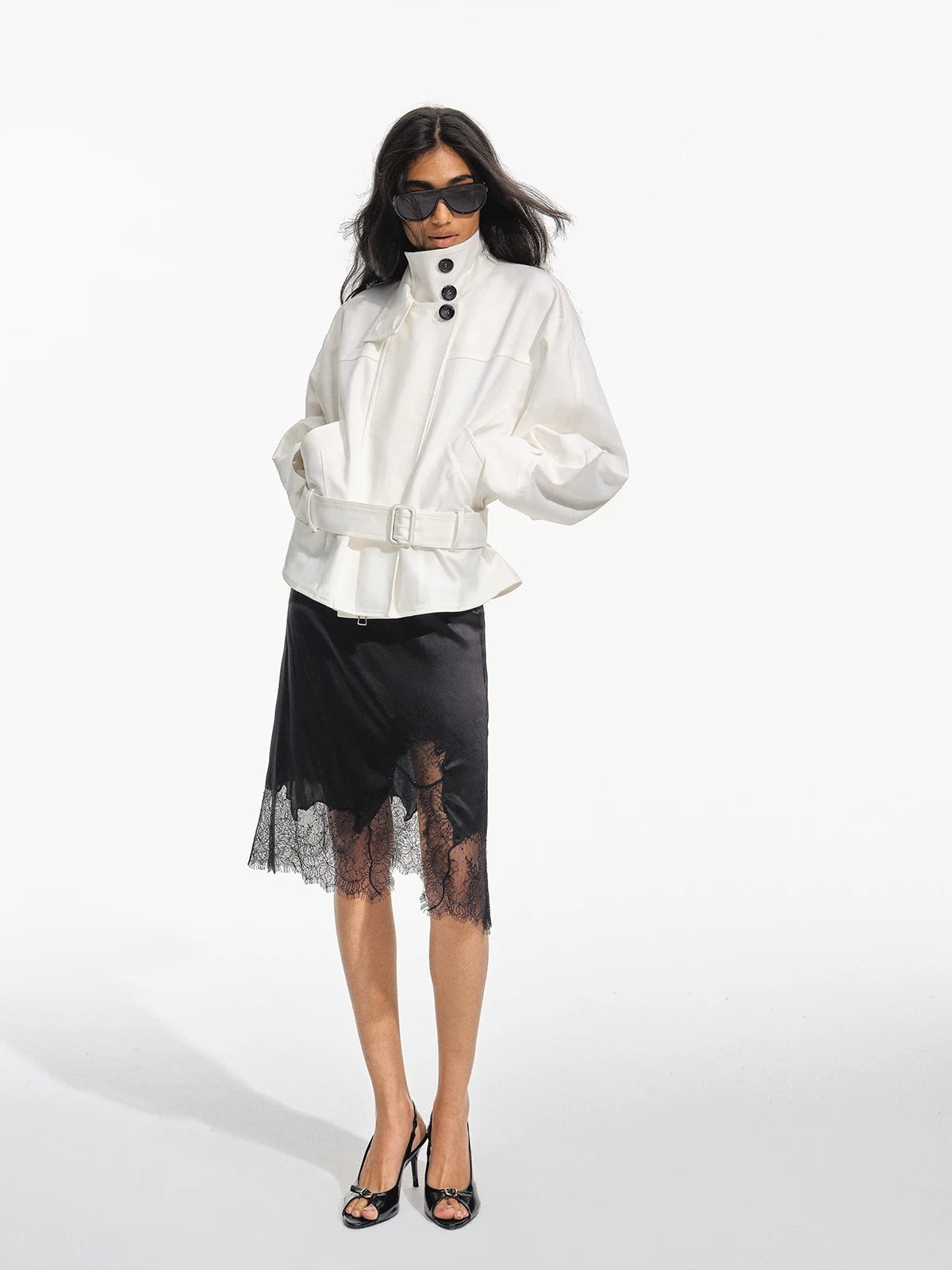 Asymmetric Lace Trim Satin Skirt