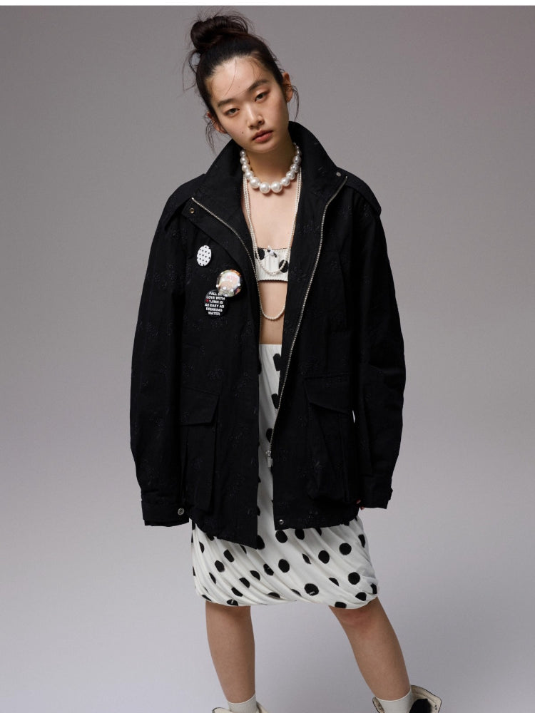 Heavy Embroidery Jacquard Multi-pocket Stand Collar Utility Jacket