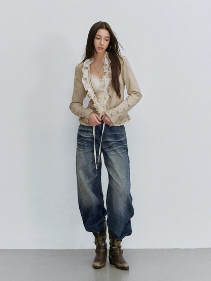 Ombré Whisker Drawstring Straight Jeans
