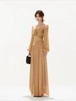 Brown Off Shoulder Butterfly Knot Maxi Dress