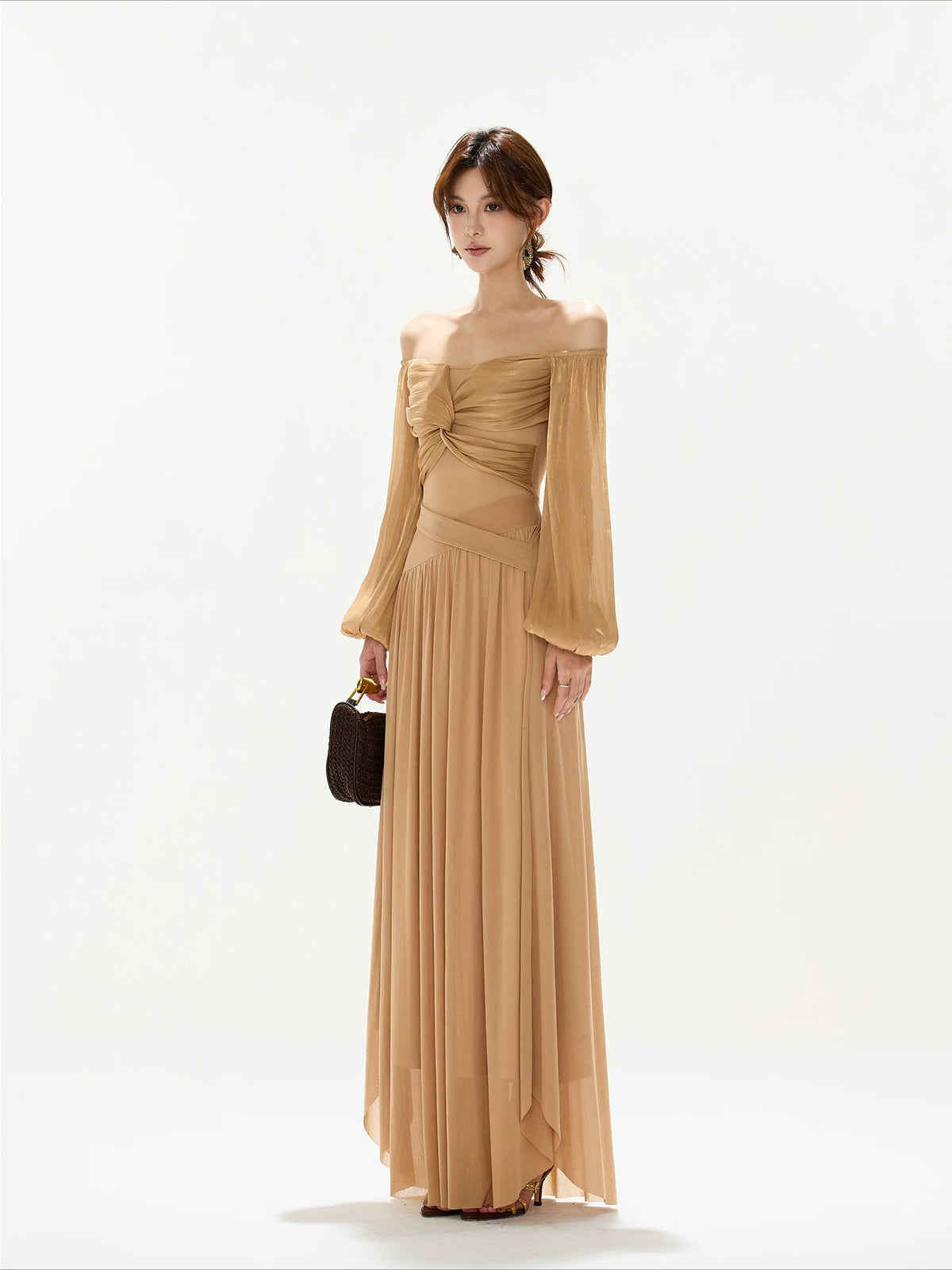 Brown Off Shoulder Butterfly Knot Maxi Dress
