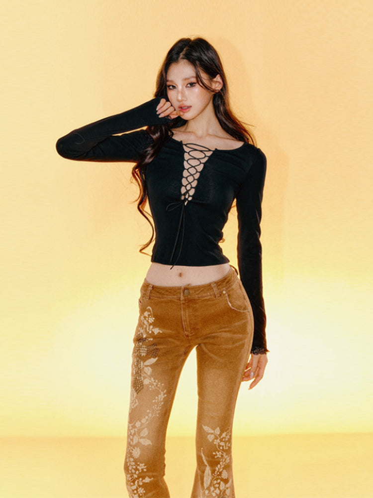 Lace Backless Tie-Up Long Sleeve T-shirt