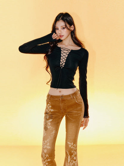 Lace Backless Tie-Up Long Sleeve T-shirt