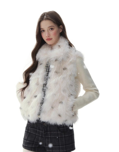 Polka-Check Reversible Faux-Fur Vest
