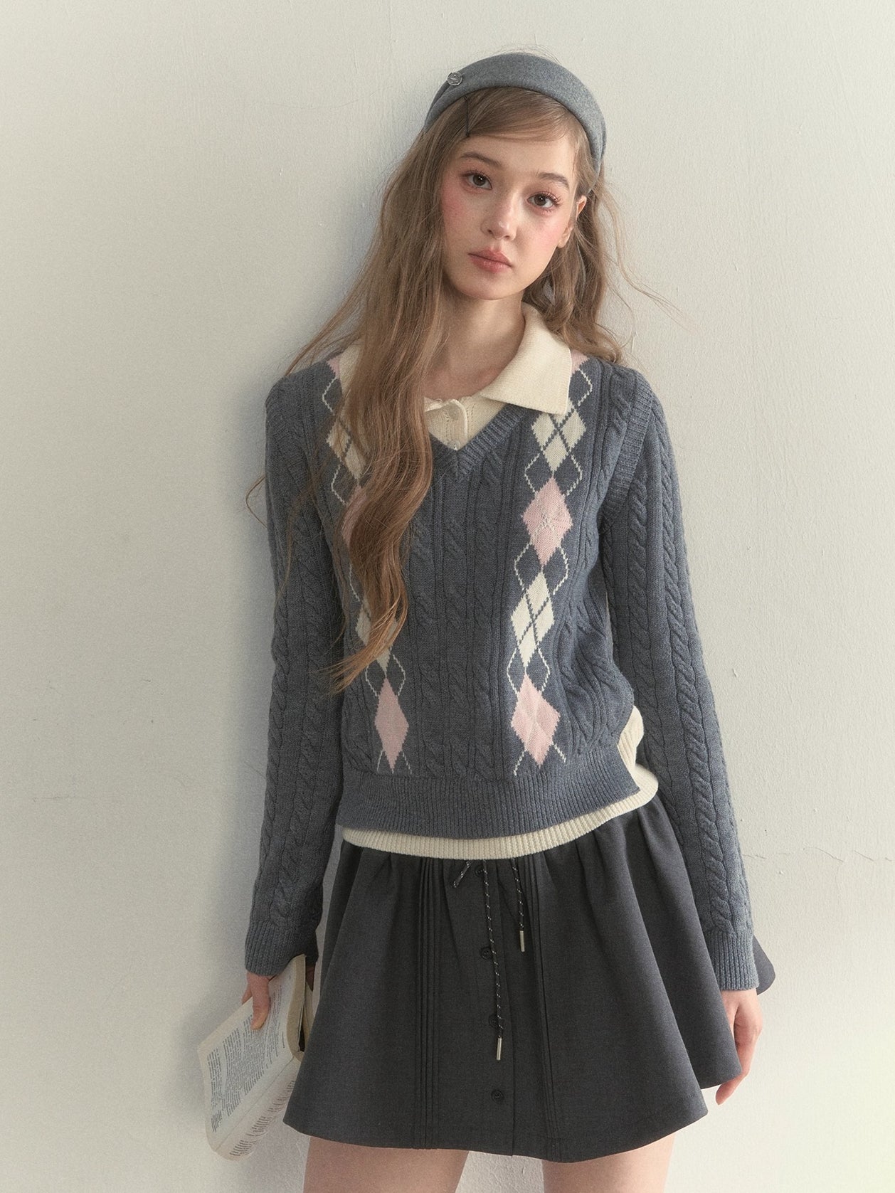 Argyle Cable Faux Two-Piece Sweater