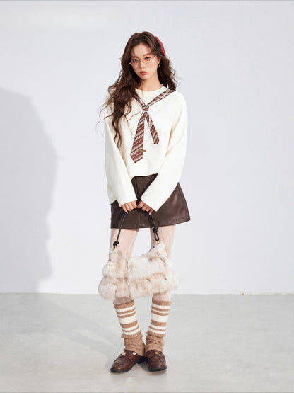 Pearl-Tie Printed Loose Long-Sleeve T-Shirt