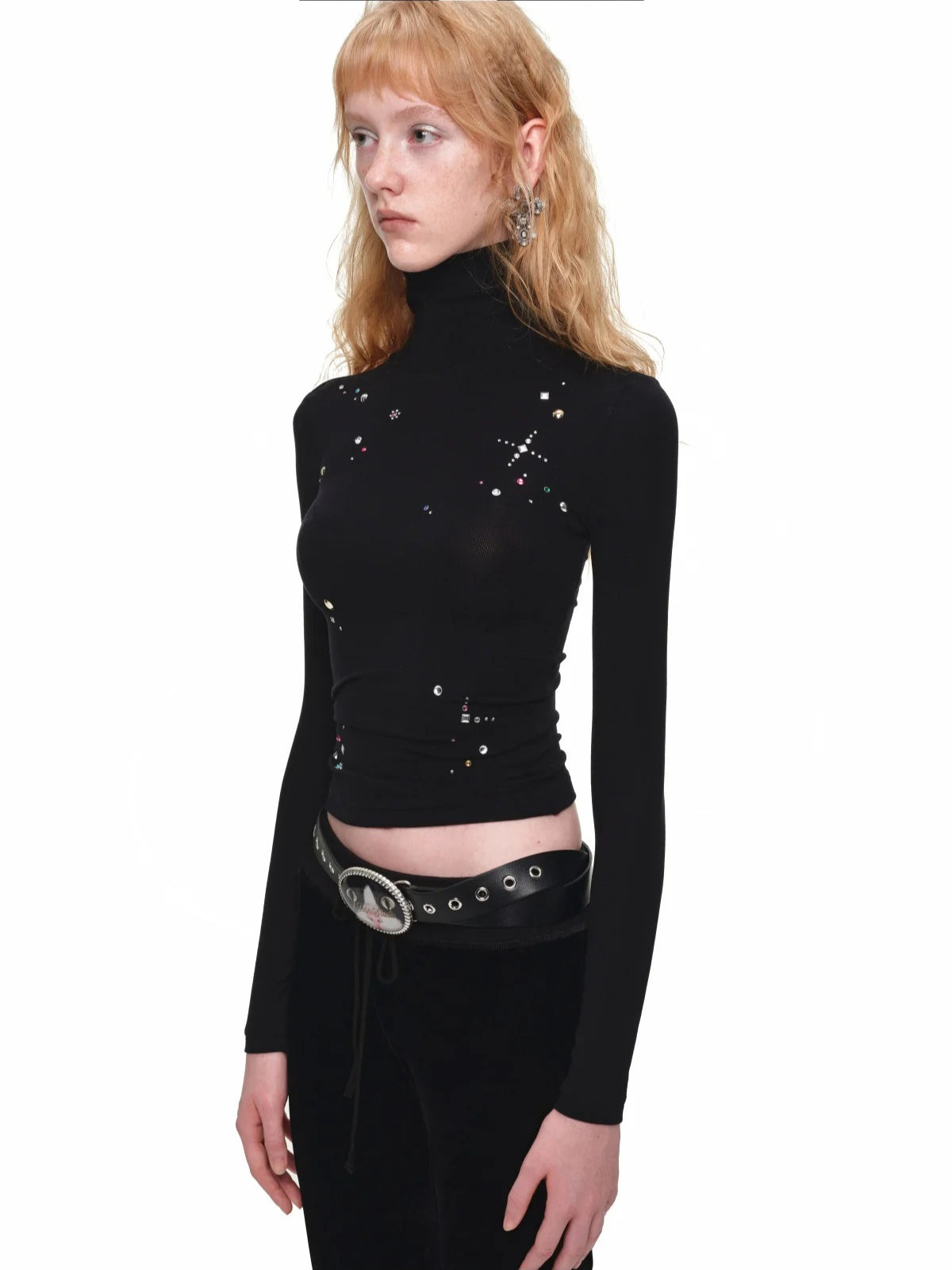 Rhinestone Lyocell Wool Turtleneck Top