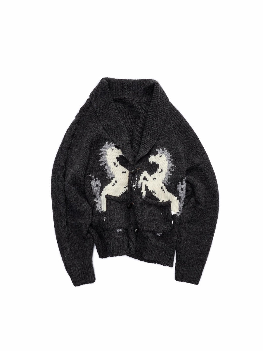 Pony Jacquard Horn-Button Chunky Cardigan