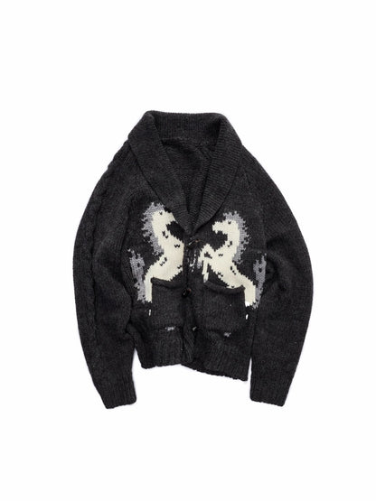Pony Jacquard Horn-Button Chunky Cardigan