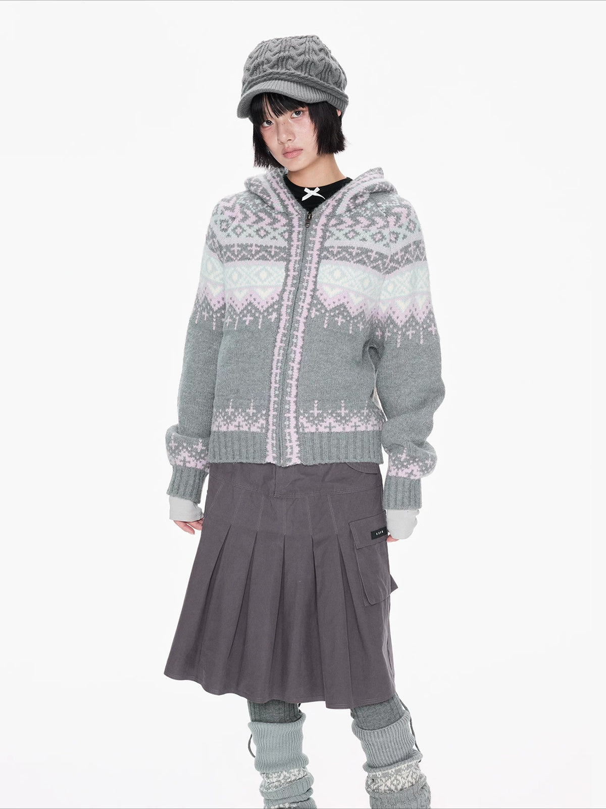 Gray Hooded Zip Knit Cardigan