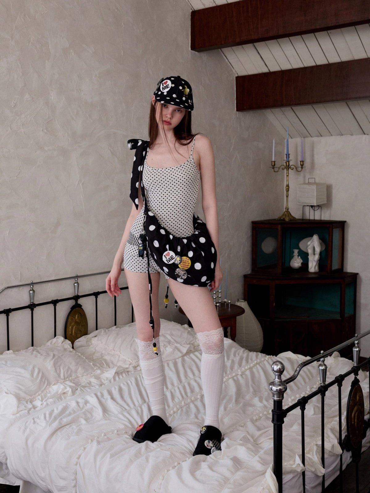 Polka Dot Ruched Dumpling Shoulder Bag