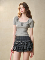 Gray Plaid Doll Collar Lace Waist Shirt & Cami Set