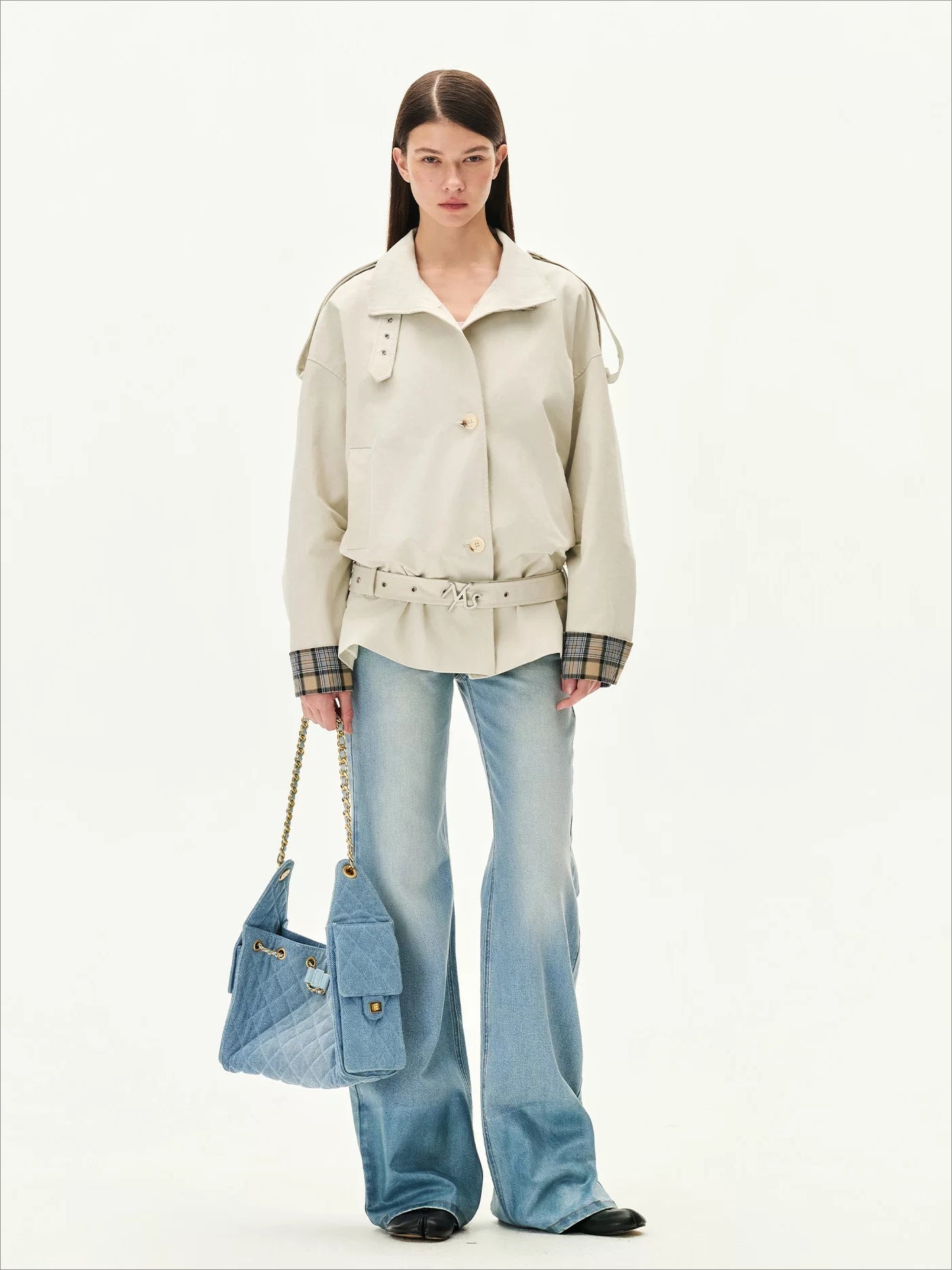 Plaid Contrast Belted Jacket